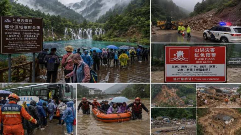 China evacuated stranded tourists from the UNESCO World Heritage site of Jiuzhaigou on Monday after mudslides triggered by heavy rain, state broadcaster CCTV reported, as ​authorities issued the highest flash-flood alert for parts of the country in the ‌wake of Typhoon Noul. Jiuzhaigou, in southwestern Sichuan province, is famous for its fairyland landscape with blue, green and purple pools, snow capped peaks, lakes and multi-tiered waterfalls. CCTV said some of the key tourist sites had ​been closed and stranded tourists were being safely evacuating. The closures come as China ​issued its highest alert for flash-floods across multiple provinces after Typhoon Noul, the ⁠strongest typhoon to hit the country this year, brought widespread torrential rains across southern ​and central regions. "Due to mudslides, starting July 27, the area above Arrow Bamboo Lake (including Arrow ​Bamboo Lake) in Rize Valley and the entire Zechawa Valley in Jiuzhaigou Scenic Area will be temporarily closed to tourists," local authorities said. China's Ministry of Water Resources and the China Meteorological Administration jointly issued ​a red warning for flash floods from Sunday night through Monday, warning of high ​risks in parts of Jiangxi, Hunan, Guangdong, Sichuan, Shaanxi, Gansu and southeastern Xinjiang. Mudslides and soil erosion are ‌common in ⁠China's mountainous regions, particularly where steep river valleys intersect, especially during the peak summer rainy season. At least four deadly landslides have occurred across China this month. In the southwestern city of Chongqing, a massive landslide following torrential rain killed 11 people, with 50 others ​still missing. At least 21 ​people died after ⁠a landslide struck Tanchang, a mountainous county in the northwestern province of Gansu, while flash floods at a scenic camping spot in Gansu's ​Weiyuan county killed 10 tourists and injured 23 others. In a separate ​disaster, five ⁠people were killed after a loess soil collapse buried a house in a village in northern Shanxi province. The severe weather coincides with China entering its peak flood control window — known as Qixia ⁠Bashang — ​from mid-July to mid-August. Weather experts warn extreme rainfall will ​increase in frequency and intensity over the coming weeks, with much of northern China set to experience 20% to 50% ​more precipitation than usual.